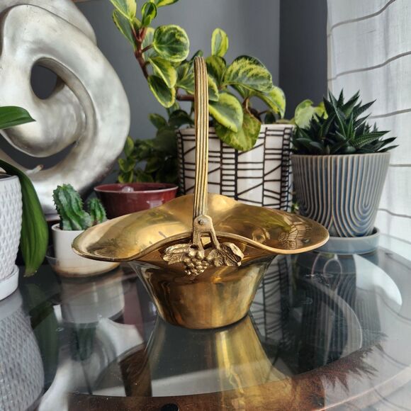 Vintage Brass Gathering Basket | Handled Brass Fruit Basket with Grape Motif - Picture 1 of 7